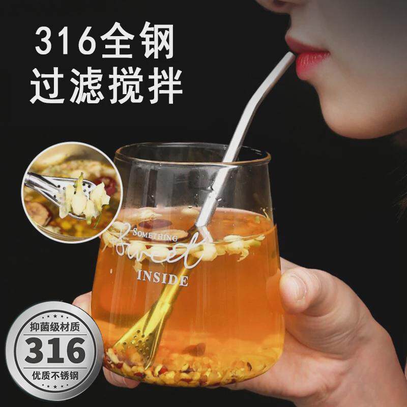 德国吸管勺316不锈钢吸管勺子一体两用金属饮管果汁奶茶过滤吸管