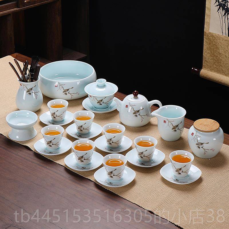 正品功夫茶具提套装陶瓷茶影青轻奢简家用办公侧约把壶盖碗道梁壶