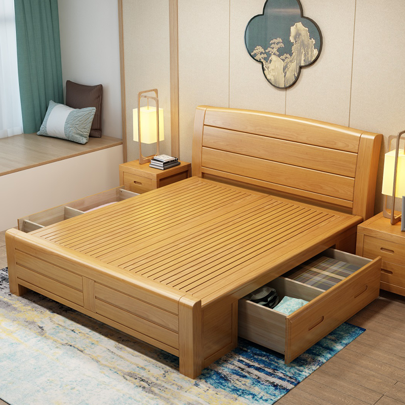 纯实木榉木床双人现代简约主卧1米8单人1.5的床工厂直销原木儿童