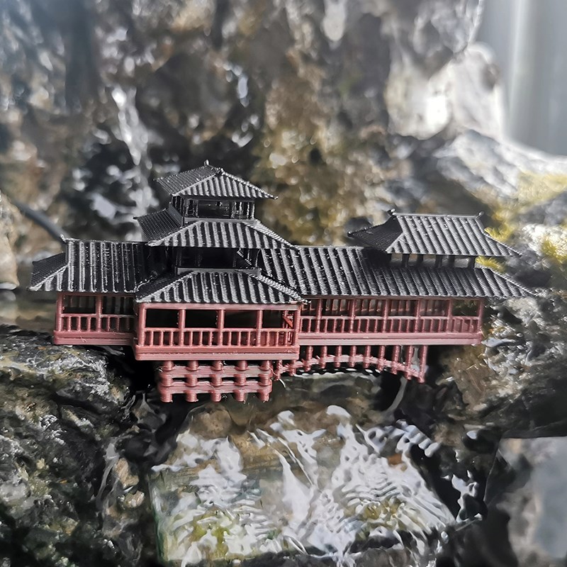 中式古建筑流水连廊桥假山造景小摆件水陆鱼缸鱼池盆景植物微景观