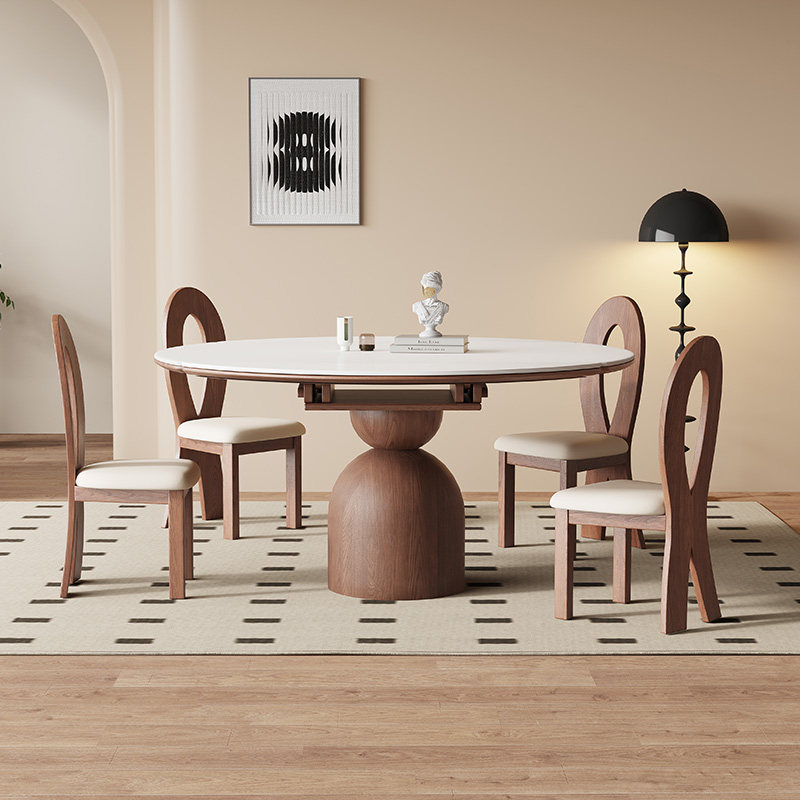 法式复古可伸缩餐桌椅组合胡桃色实木岩板折叠方变圆桌家用小户型