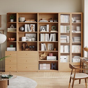实木橡木家用书柜组合靠墙简约带玻璃储物柜收纳柜落地书架书橱
