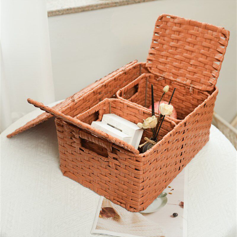 手工编织收纳筐带盖子化妆品零食杂物整理篮桌面仿藤竹三件套储物