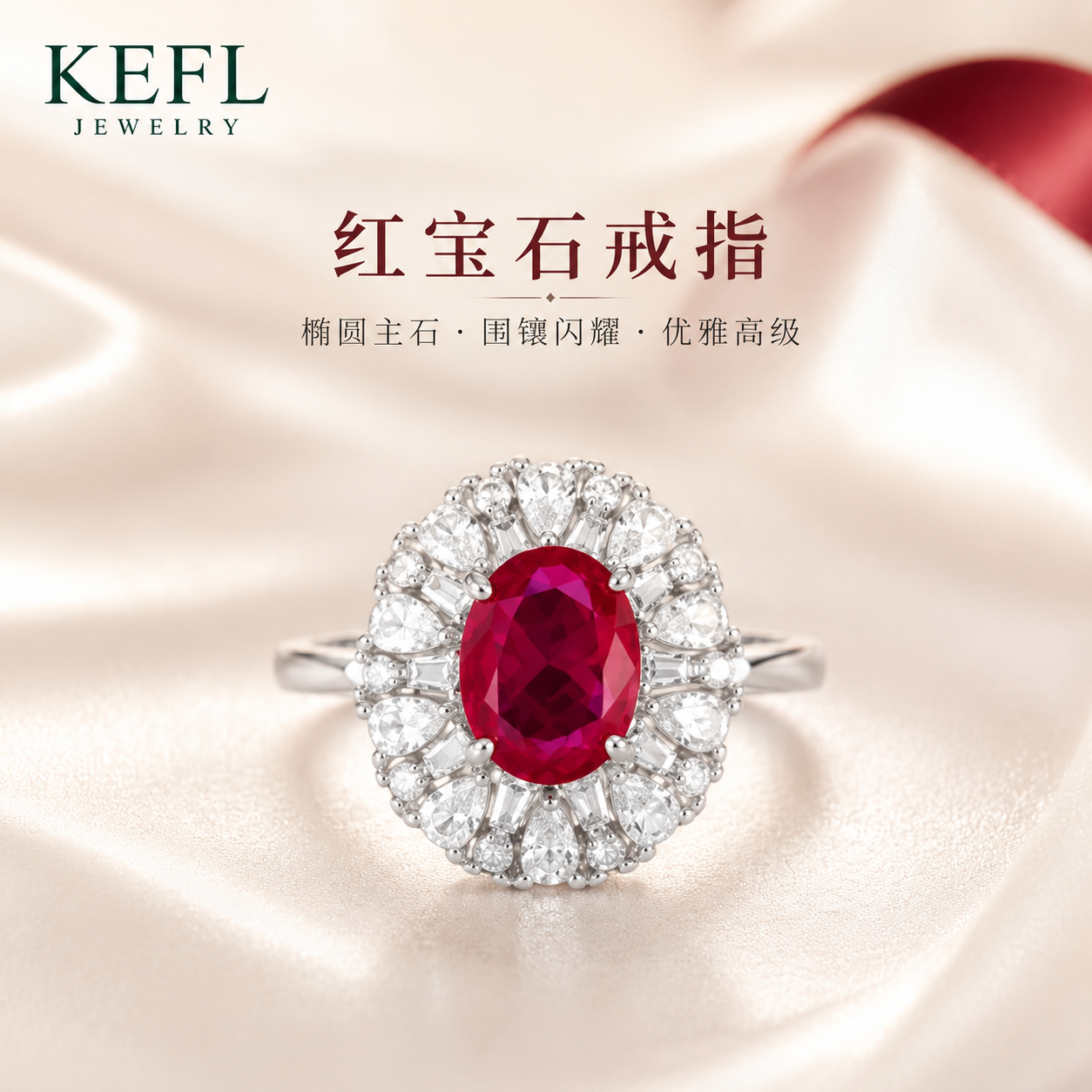 KEFL天然红宝石戒指女 戴妃款鸽子蛋红宝石1.5ct高奢S925银开口戒