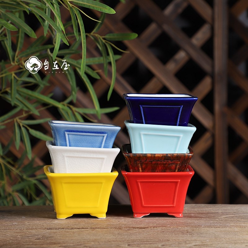 凹面正方盆自在屋精品小釉盆姬月季米竹苔藓微型绿植盆景