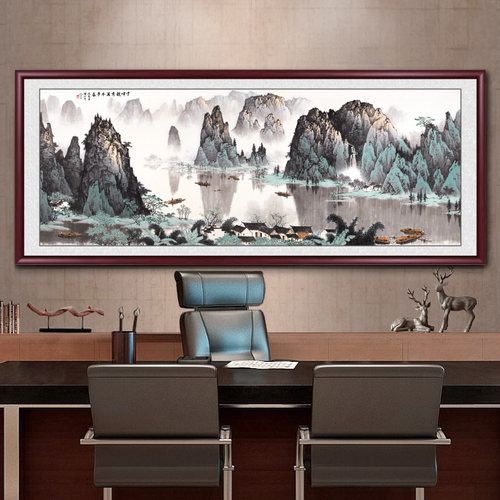 千峰竞秀国画山水画客厅装饰画办公室挂画沙发背景墙实木横幅壁画