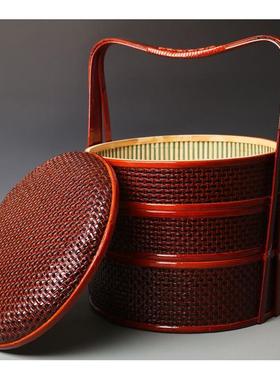 居会舍手工竹编篮子手提篮圆形结婚食盒双层三层精品提篮红色喜篮