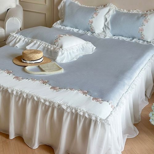 可水洗凉感冰丝凉席三件套小清新花卉刺绣床裙可折叠夏季空调席子