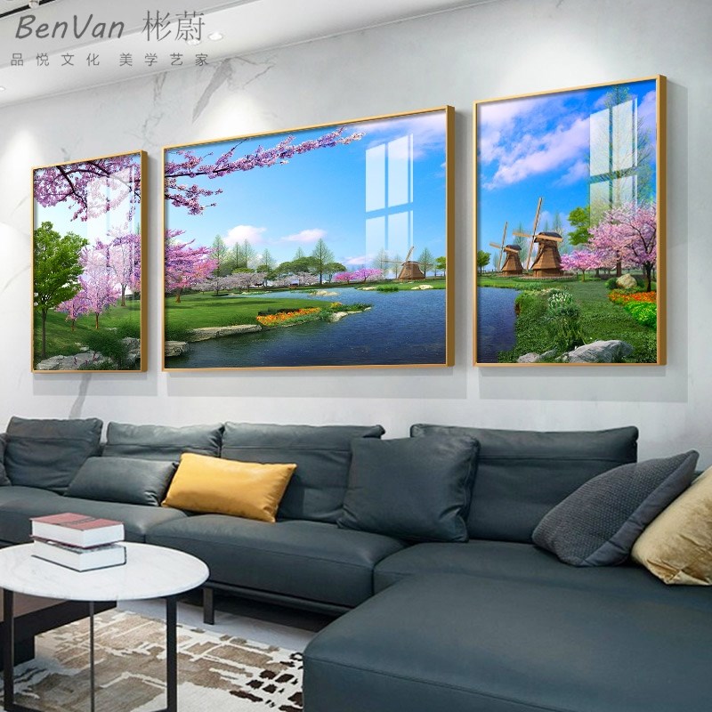 现代简约客厅装饰画沙发背景墙挂画风景海景玻璃面三联晶瓷壁定做