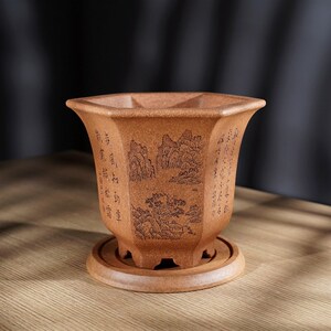 高档精品名家许成安传统经典暮古六方飘口原矿段泥紫砂盆景兰花盆