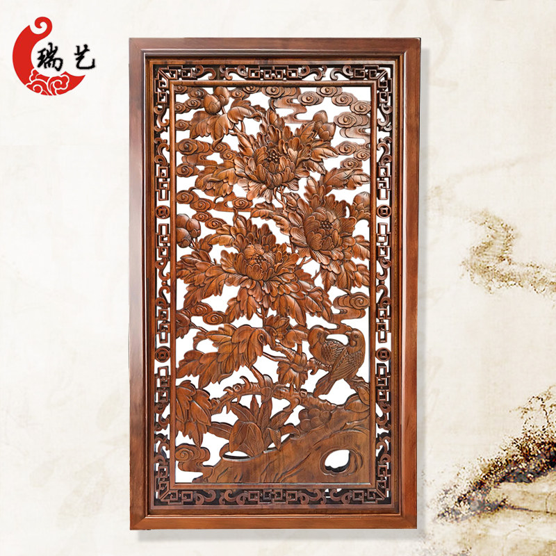 东阳木雕中式镂空雕刻牡丹花开富贵雕花板 实木屏风隔断背景墙