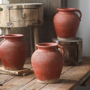 单耳粗陶花瓶摆件土陶罐子土红色花盆陶瓷装饰品复古客厅阳台摆设