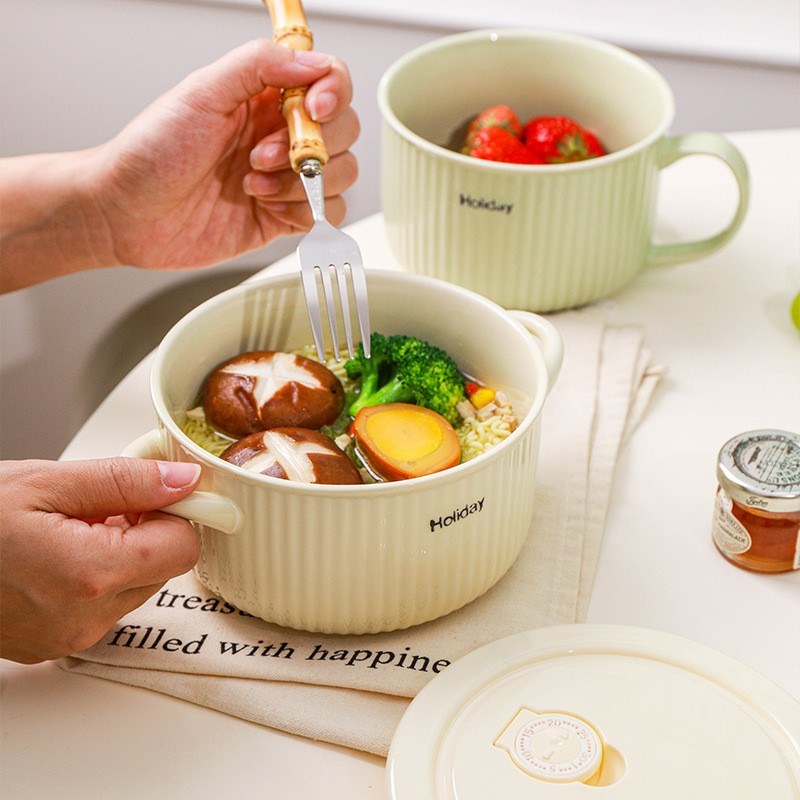 条纹陶瓷焗饭吃面汤碗一人食餐具单人双耳水果沙拉保鲜带盖泡面碗