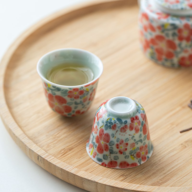 手绘满彩桃花反口杯小茶杯精致女士杯子喝茶单杯主人杯个人杯小杯