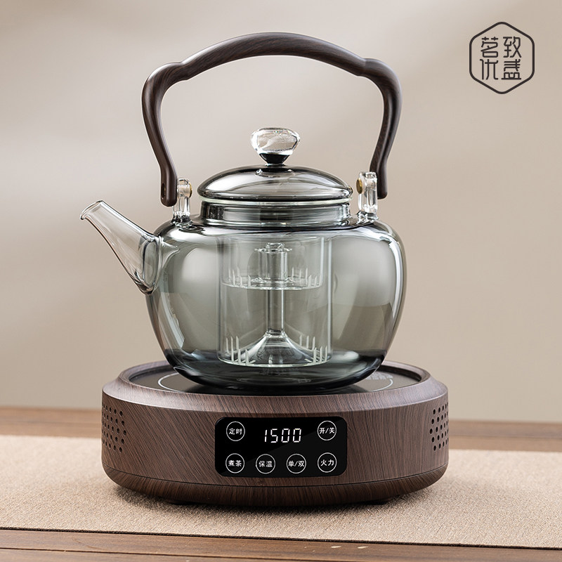 新款玻璃蒸煮一体煮茶壶器黑晶炉套装烧水泡茶胡桃木煮茶炉养生壶