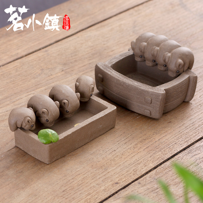 茶宠摆件紫砂猪可养四只小猪喝水功夫茶台段泥丰衣足食宜兴茶玩