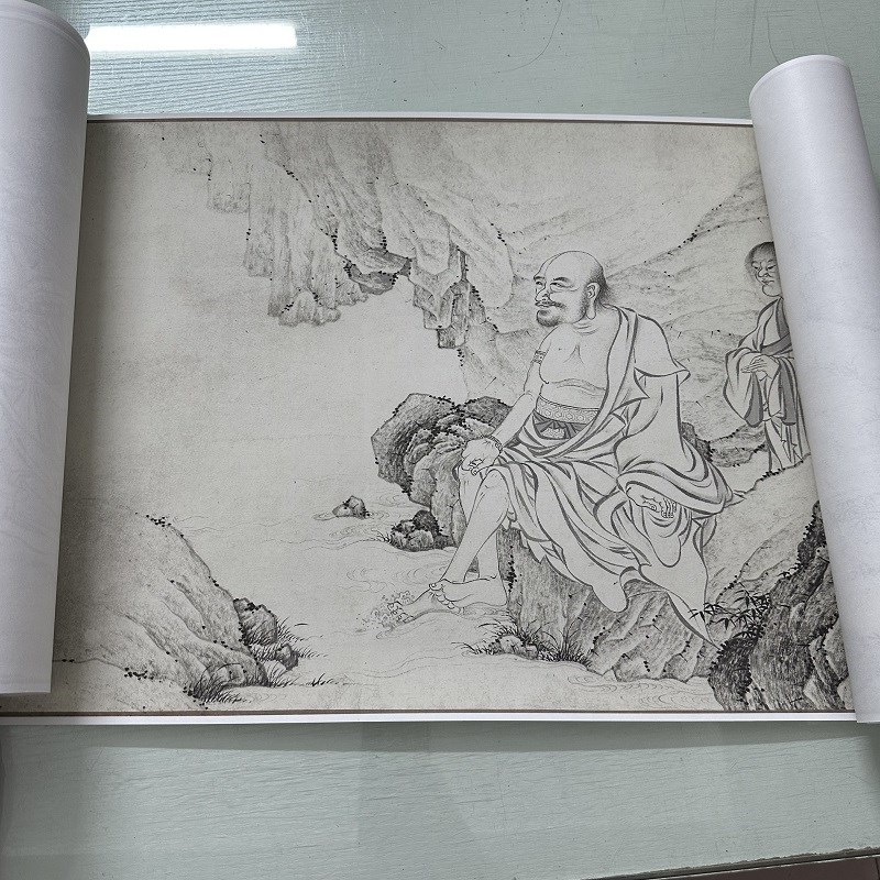 李公麟百佛来朝图复古书画工笔白描罗汉国画真迹微喷仿古手卷装饰