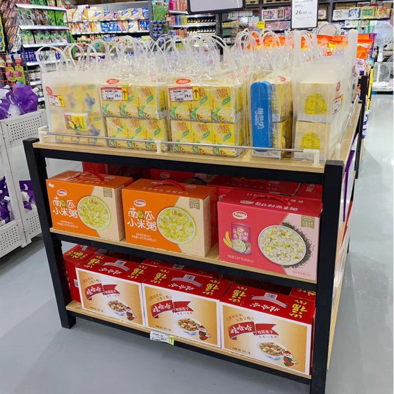 地堆台礼品盒堆架牛奶钢木粮油三层架货架陈列超市堆头展示架