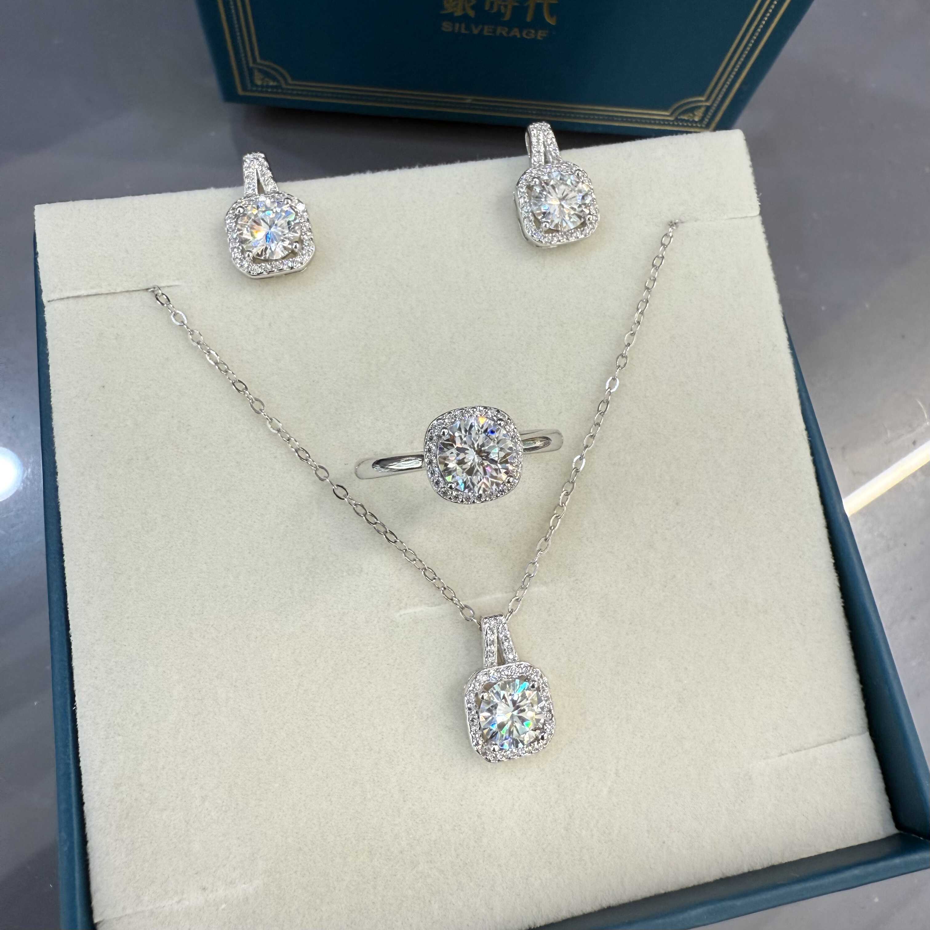 胖东来同款爆款专柜小方糖银S925莫桑钻项链戒正品带证书包装盒