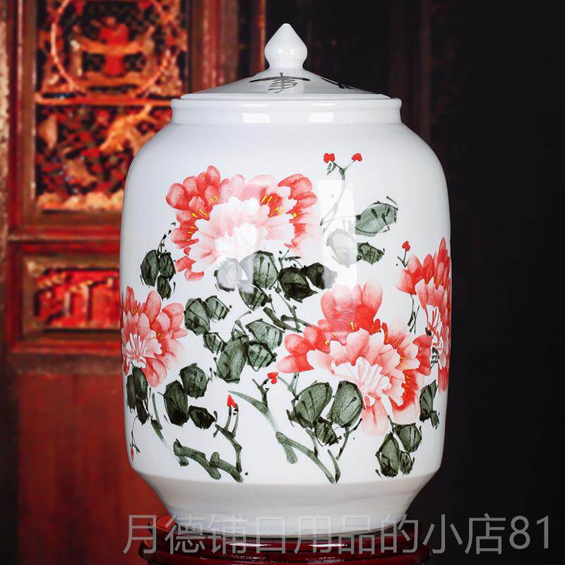 正品景德陶瓷器手镇绘缸桶米带盖50斤装面缸储物罐家居酒店米餐厅