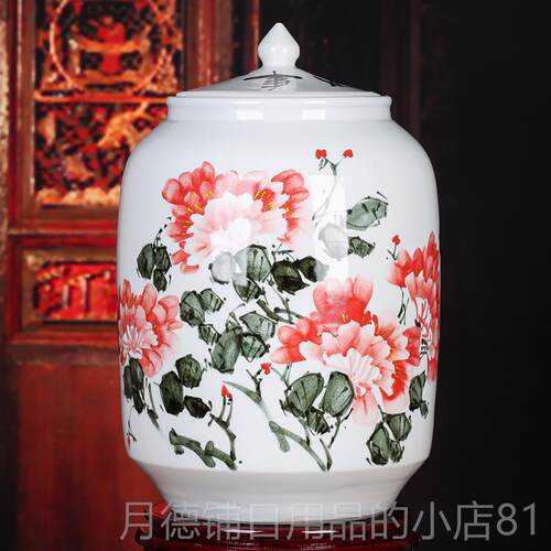 正品景德陶瓷器手镇绘缸桶米带盖50斤装面缸储物罐家居酒店米餐厅