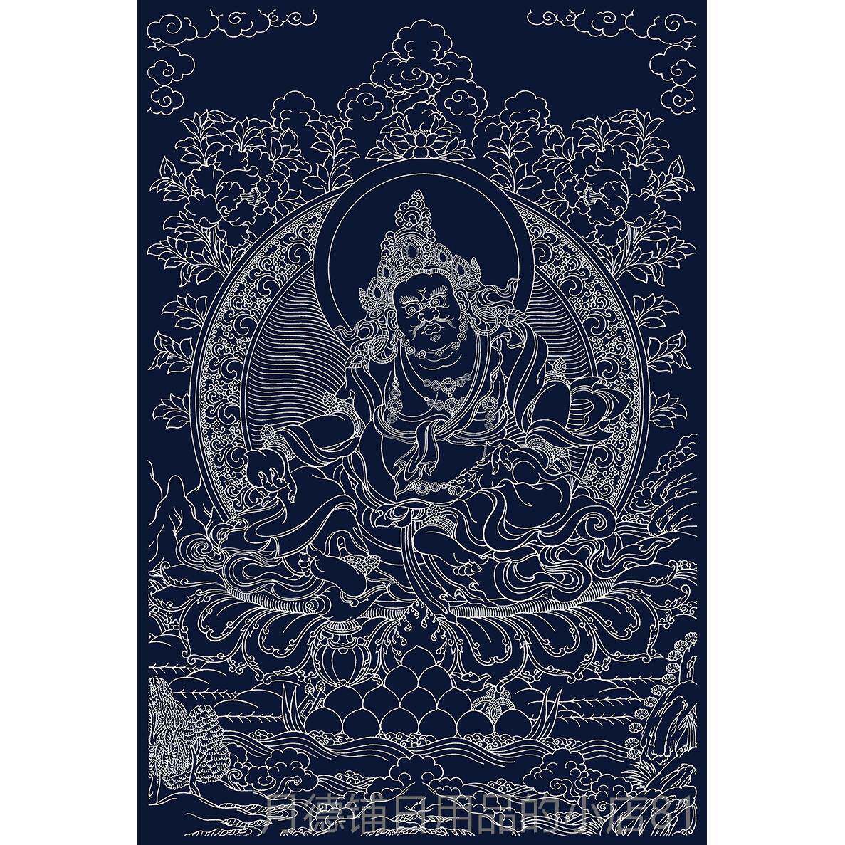 正品热贡西藏手绘D稿IY黄财神佛像唐i卡手绘 涂色 dy金描金线黑油