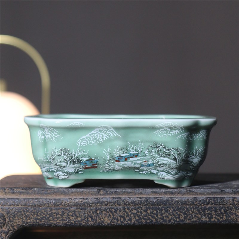 紫紫砂花盆陶瓷盆景盆尖木瓜海棠盆桌面盆栽彩绘贴绘彩美工盆