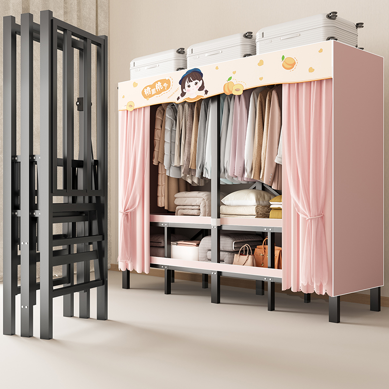 女生卧室衣柜家用简易布衣柜免安装折叠全钢架加粗加厚出租房耐用