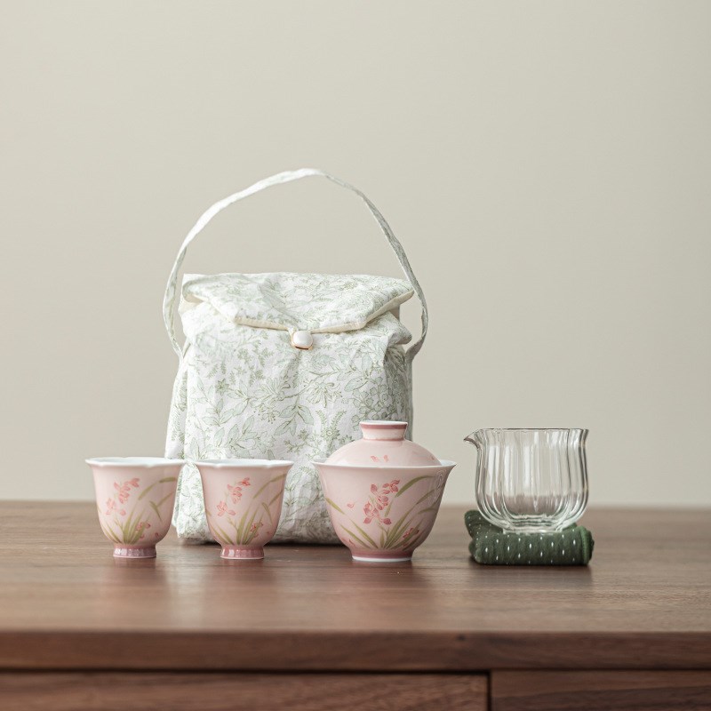 弥言釉下彩纯手绘兰花盖碗粉色女士泡茶碗套装旅行茶具收纳茶事包