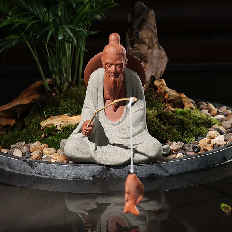 中式姜太公钓鱼大号陶瓷盆栽微景观人物渔翁摆件鱼缸桌面造景装饰
