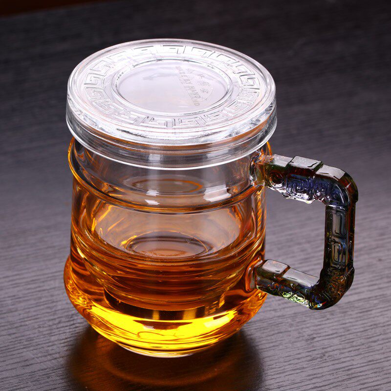 CHIKAO奇高办公杯耐高温大汉玻璃杯加厚花茶杯带盖茶水分离400ML