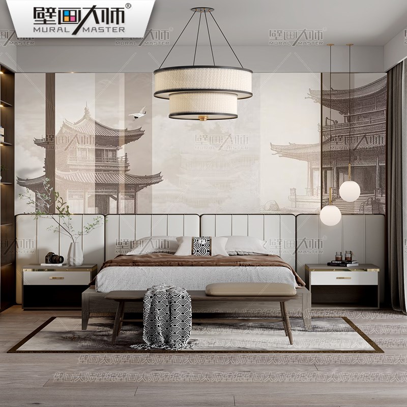 中式壁布202新款客厅电视沙发背景墙布楼阁山水墙纸酒店茶室壁画