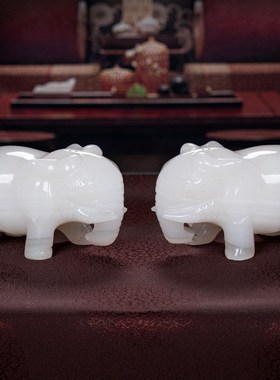 天然白玉石大象摆件一对招财客厅办公室玄关柜装饰品乔迁开业礼品