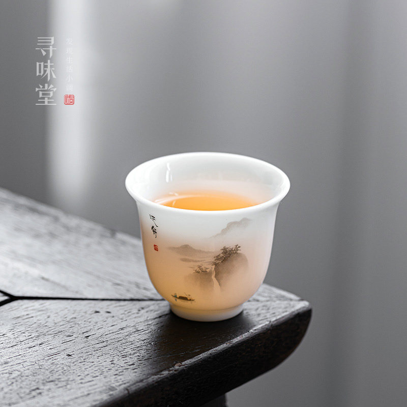 冰种玉瓷泛舟品茗杯高档白瓷小茶杯主人杯中式纯白陶瓷功夫茶具