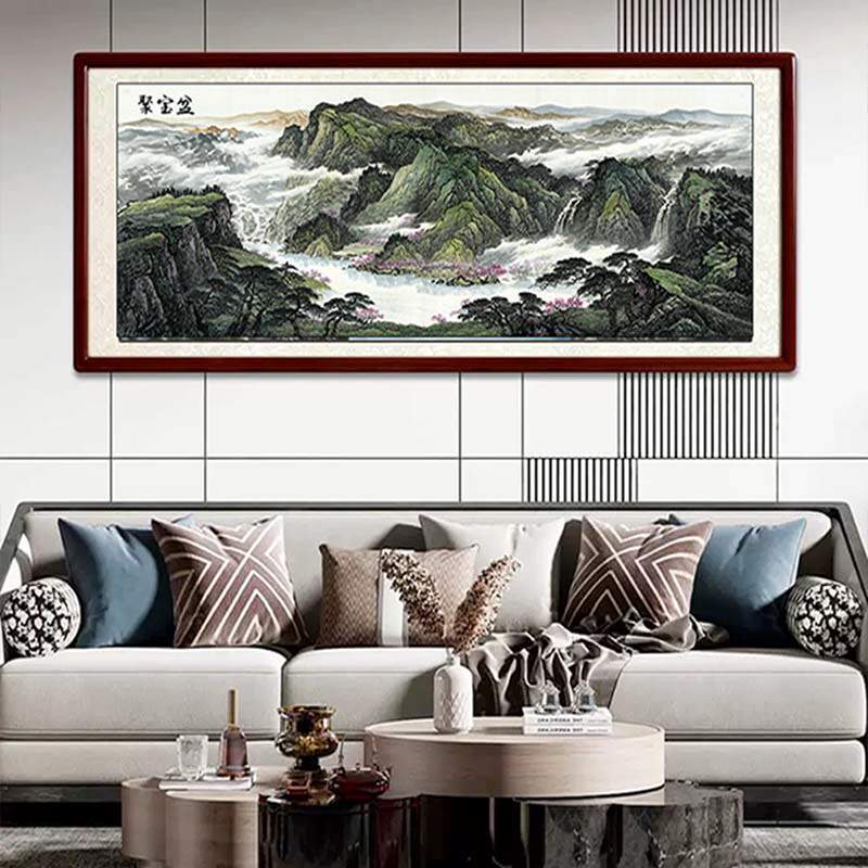 中式山水国画客厅装饰画聚宝盆流水生财沙发背景墙办公室自粘墙贴