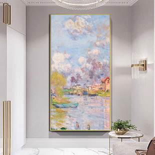 玄关装 莫奈日出走廊尽头壁画落地画入户门正对墙挂画 饰画油画竖版