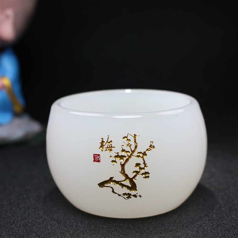 琉璃刻花茶杯梅兰菊竹整套品喝茶玉酒杯碧玉色功夫茶茗品个性茶具