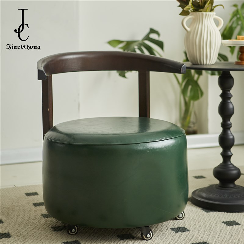 实木儿童万向轮小家用简易客厅沙发凳滑轮移动旋转圆凳带靠背