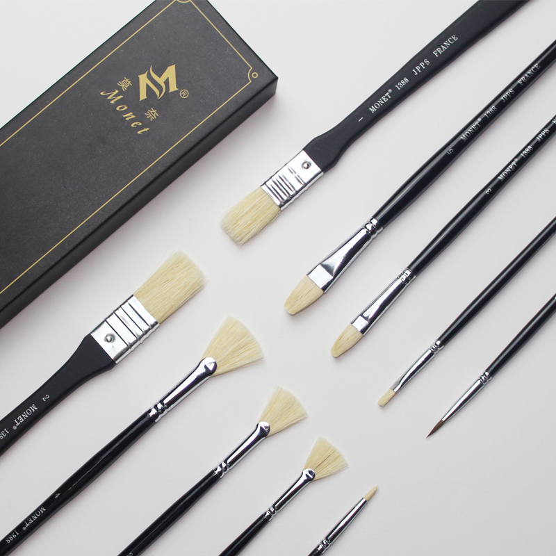 莫奈色彩笔水粉画笔猪鬃扇形专业水粉笔狼毫勾线丙烯油画笔礼盒套