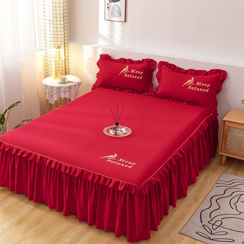 结婚红色床罩2023年新款公主风床裙婚庆床裙式保护防尘套婚房防滑
