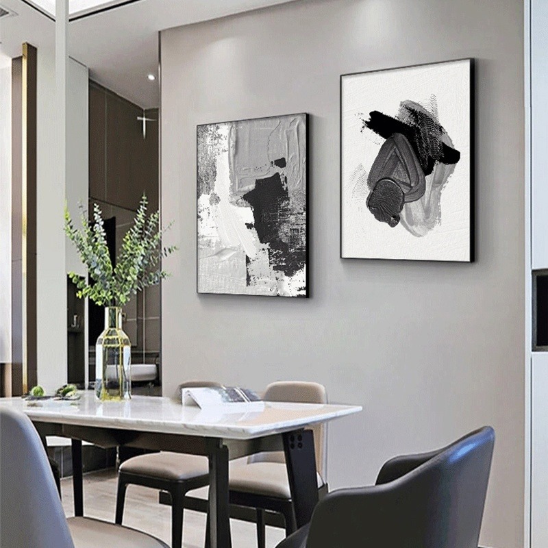 黑白极简餐厅饭厅装饰画抽象艺术肌理壁画简约高级感客厅卧室挂画
