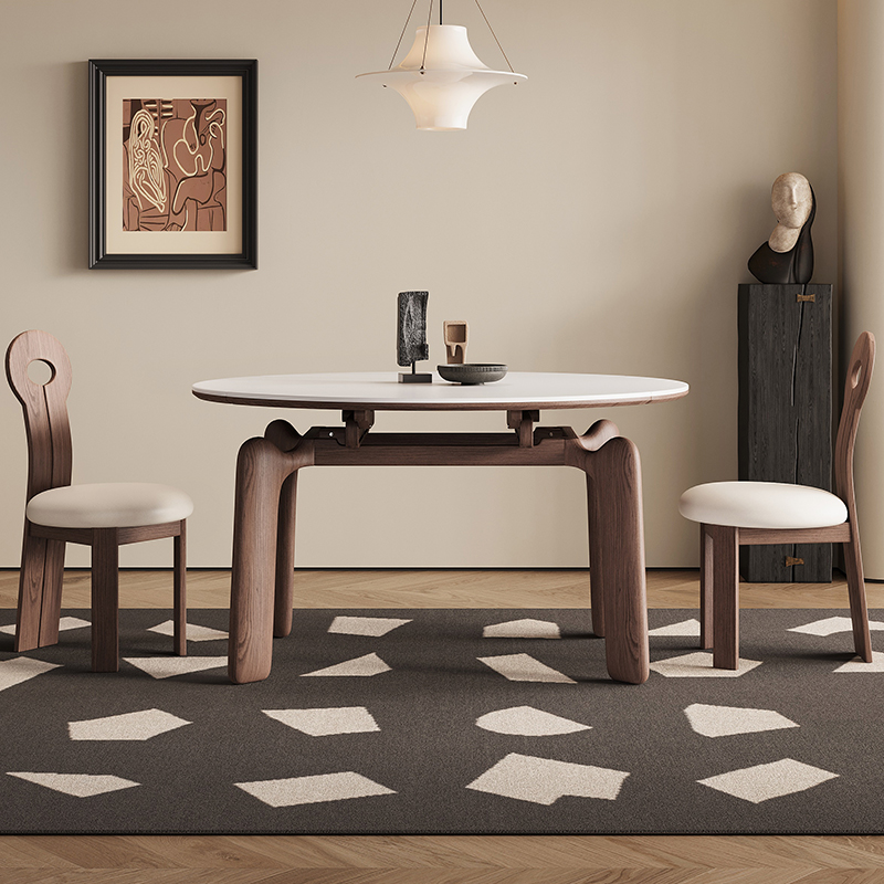 岩板实木餐桌客厅简约家用小户型可伸缩可变圆桌2024新款折叠餐桌