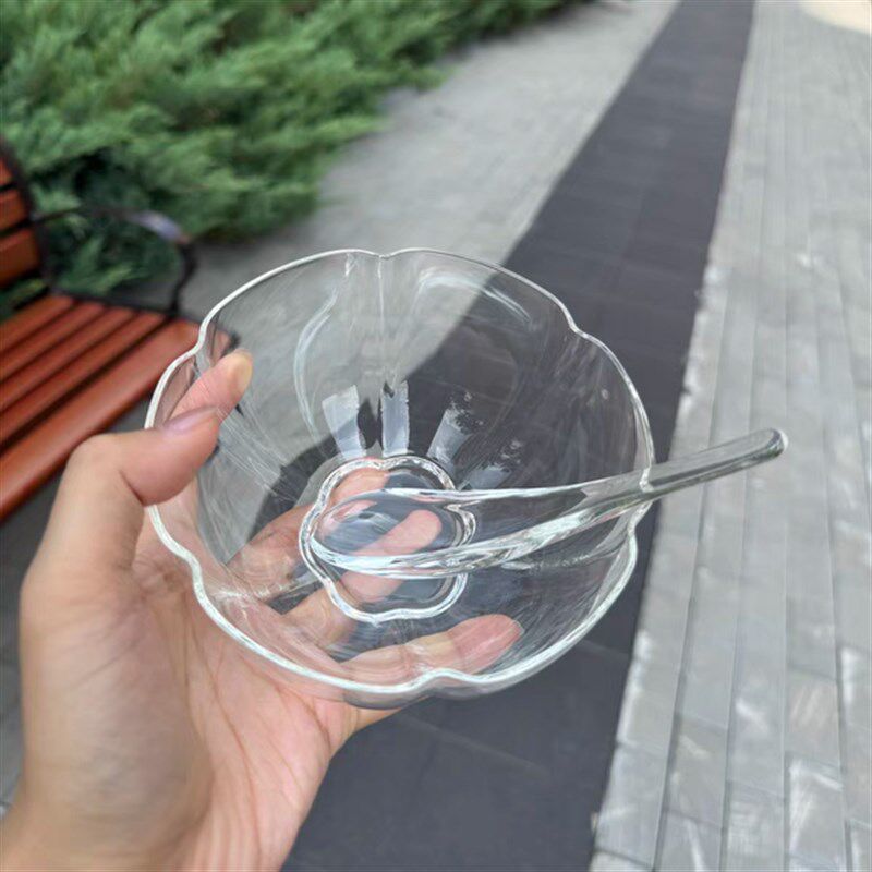 新品花瓣玻璃碗水果碗沙拉碗甜品碗耐高温茶碗茶器玻璃茶具400ml