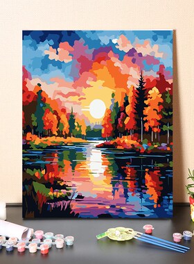 数字油画diy手工填充五彩立体树林风景画减压手绘涂色丙烯油彩画