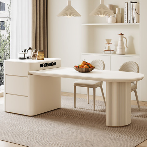 奶油风岛台餐桌一体可伸缩家用法式岩板中倒台茶桌椅组合带电磁炉