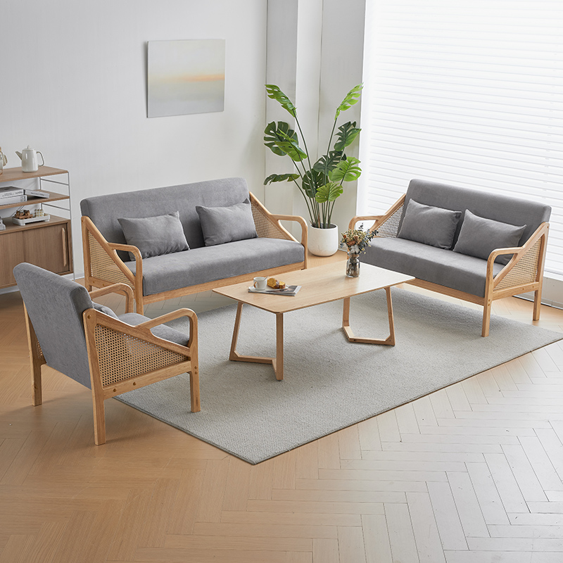 现代简约藤编实木办公室会客沙发休息区洽谈茶几双三人位桌椅组合