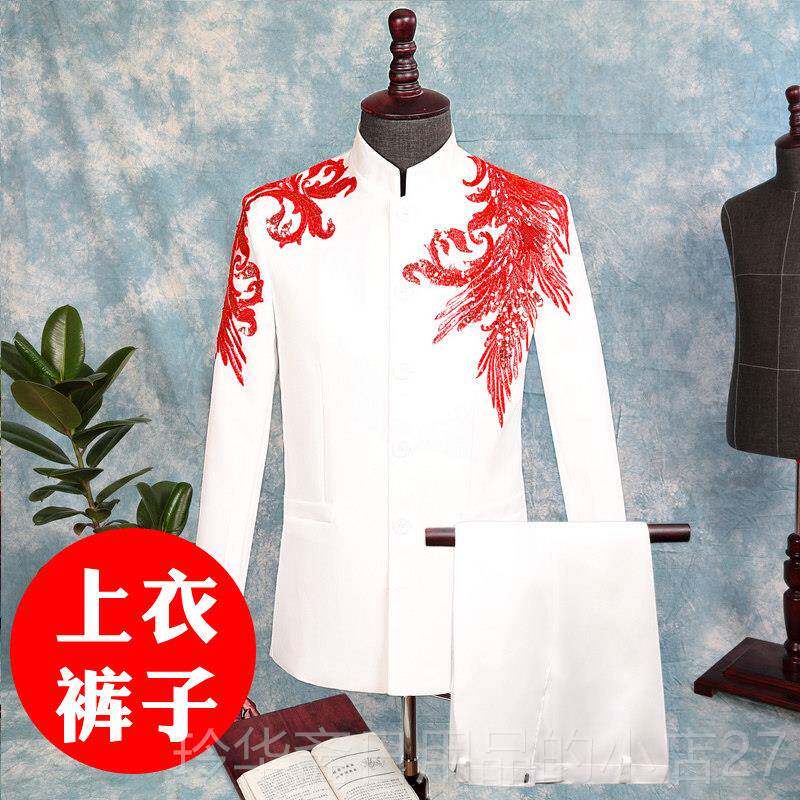 高档中国风中装中山服绣花中式婚男主持士人礼服礼唐装大山合唱演