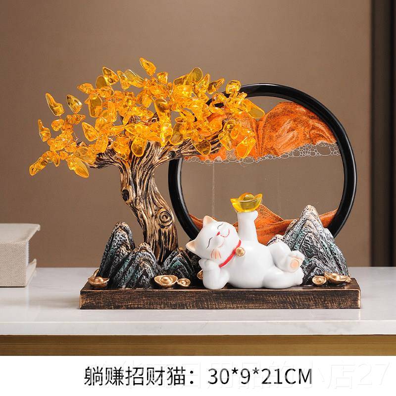 高档日本进口发财招进财摆件招财树猫流沙画办公室乔迁开宝业高档