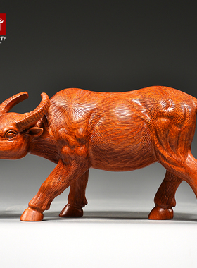 花梨木雕牛摆件牛气冲天实木水牛工艺品十二生肖动物客厅开业送礼