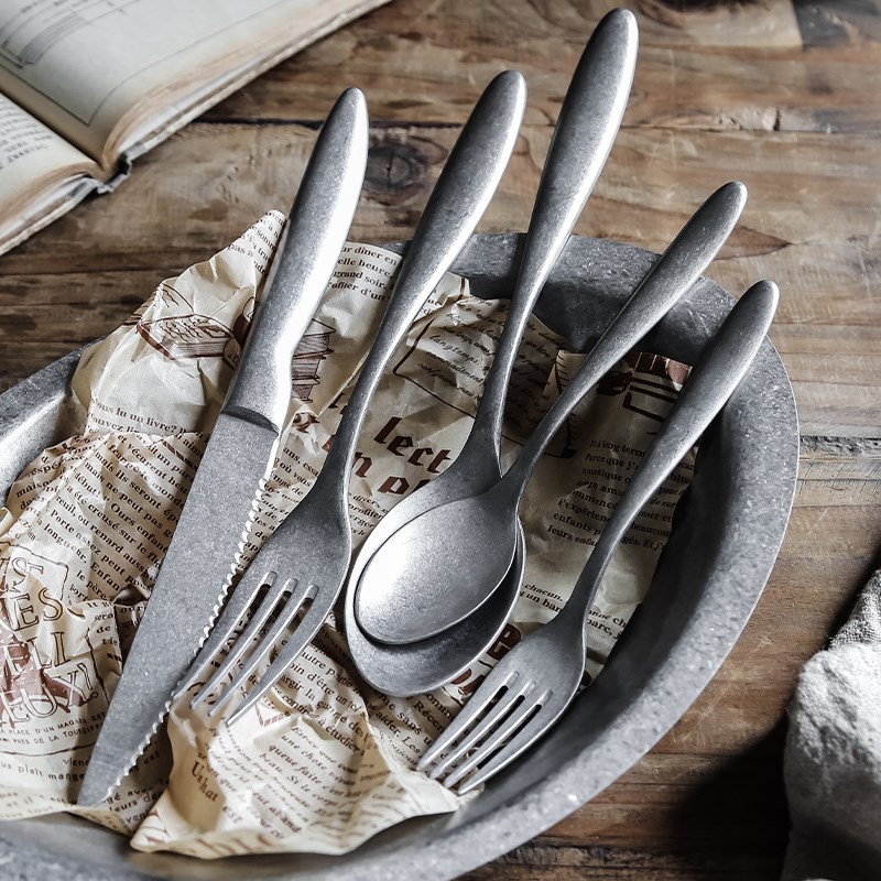 复古磨砂不锈钢西餐餐具牛排刀叉甜品水果叉子咖啡小勺子家用汤勺